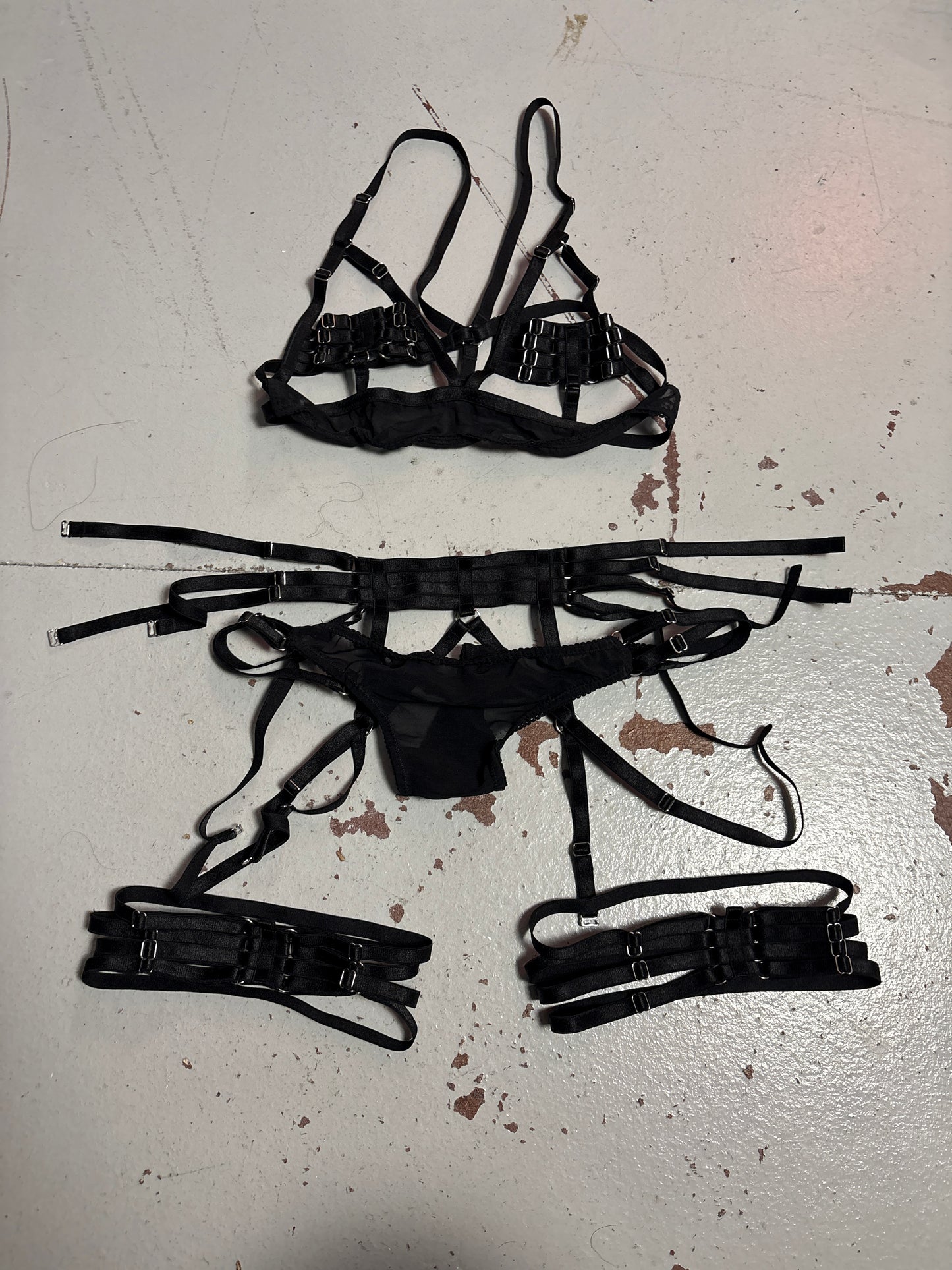 Black Strap Set (bra, pant, garter, and thigh straps)