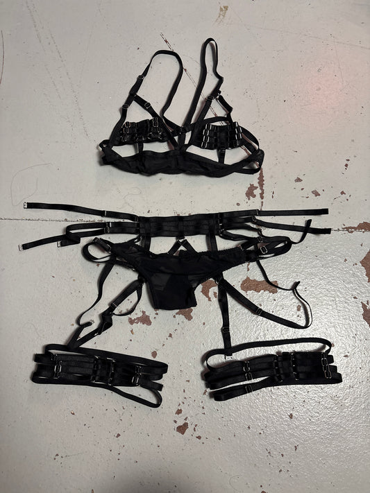 Black Strap Set (bra, pant, garter, and thigh straps)